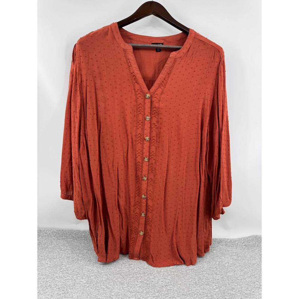 Torrid Blouse Rust Orange Clip Dot Button Front 3/4 Sleeve Boho Size 4 4x